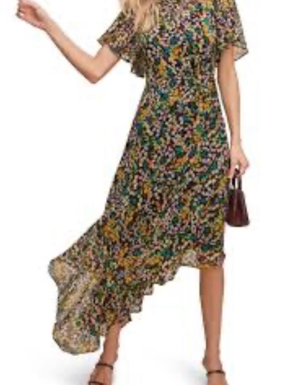 ASTR the Label Flutter Sleeve Asymmetrical Floral Maxi Dress.